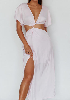 Capped Sleeve Twist Cutout Maxi Dress in Pink