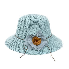 Bucket Hat with Fabric Flower Accent in Aqua