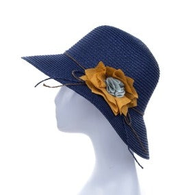 Bucket Hat with Fabric Flower Accent in Navy Blue