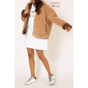 Oversized Faux Shearling Bomber Jacket with Pockets in Caramel