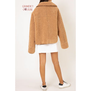Oversized Faux Shearling Bomber Jacket with Pockets in Caramel back view