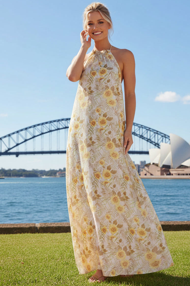 Sunny Sunflower Halter-neck Maxi Dress