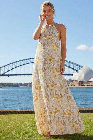 Sunny Sunflower Halter-neck Maxi Dress