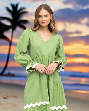 Long Sleeve 100% Cotton Maxi Dress in Green