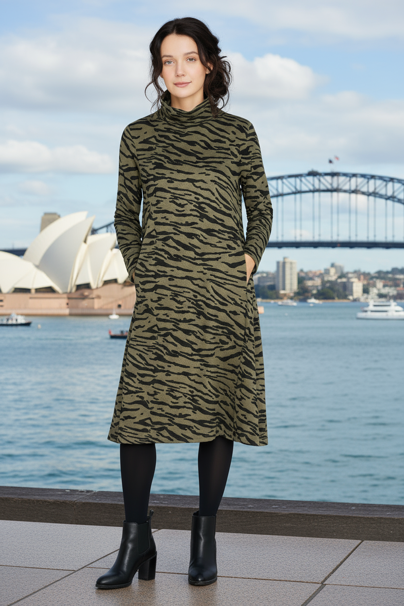 Long Sleeve Turtle Neck Midi Dress in Green Zebra