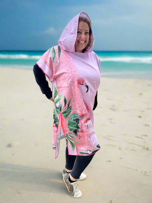 Hooded Towel Changing Robe in Pink Flamingo Print