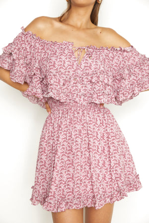 Ruffles On/Off Shoulder Dress in Pink Floral
