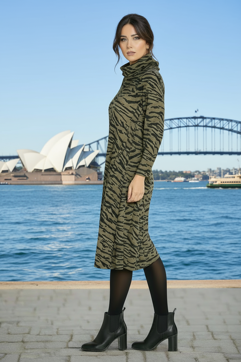 Long Sleeve Turtle Neck Midi Dress in Green Zebra