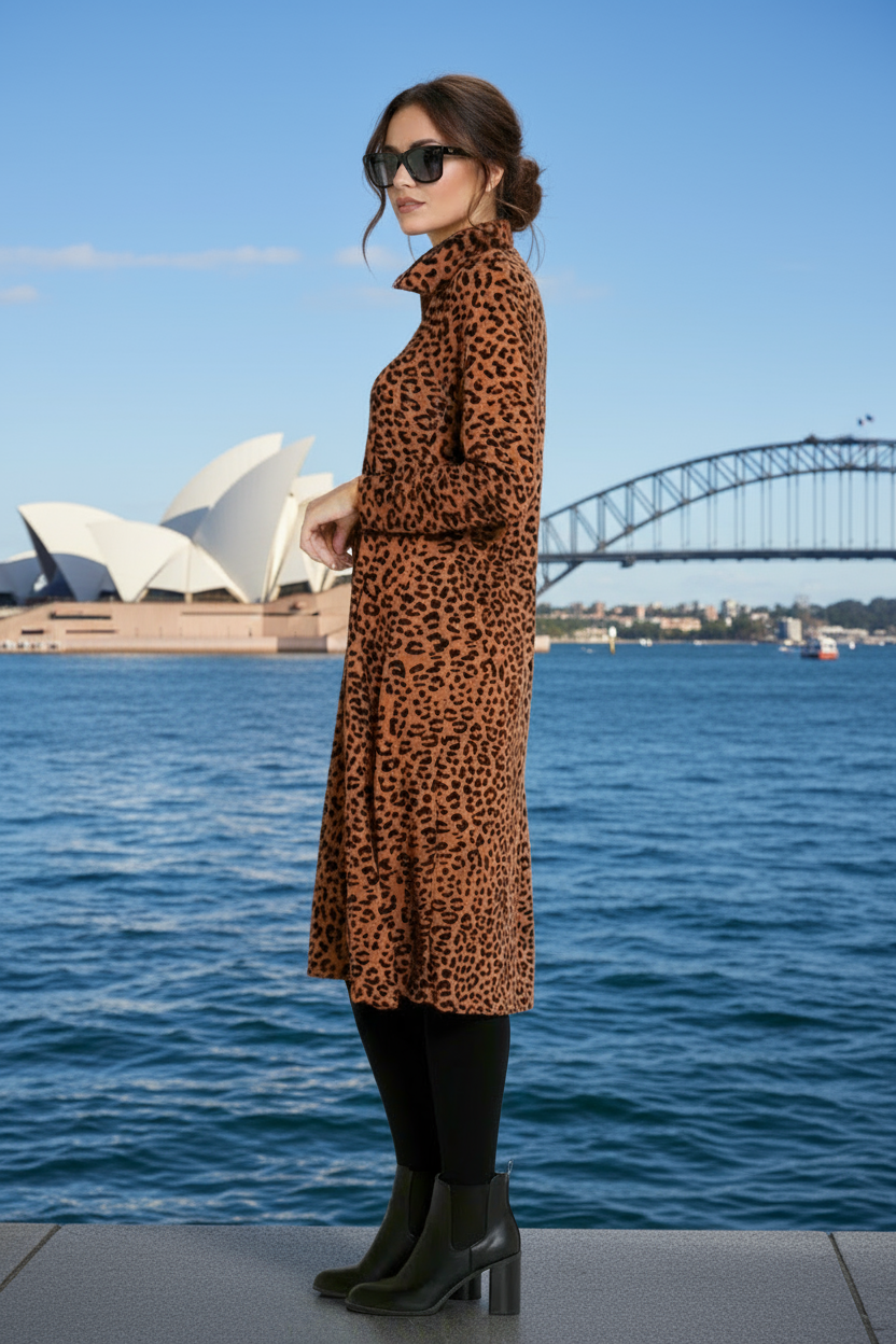 Long Sleeve Turtle Neck Dress in Brown Leopard