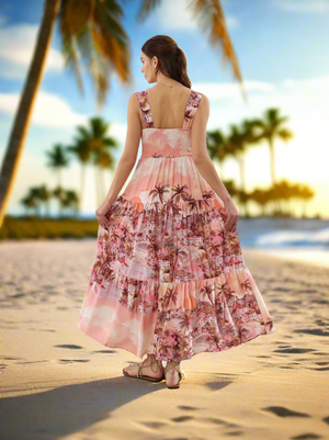 Baby Doll Maxi Dress in Pink Tropical Print