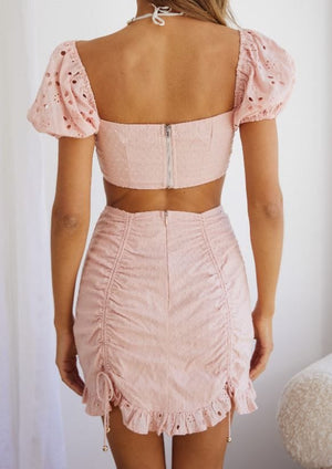 Eyelet Crop Top & Skirt Set in Pink