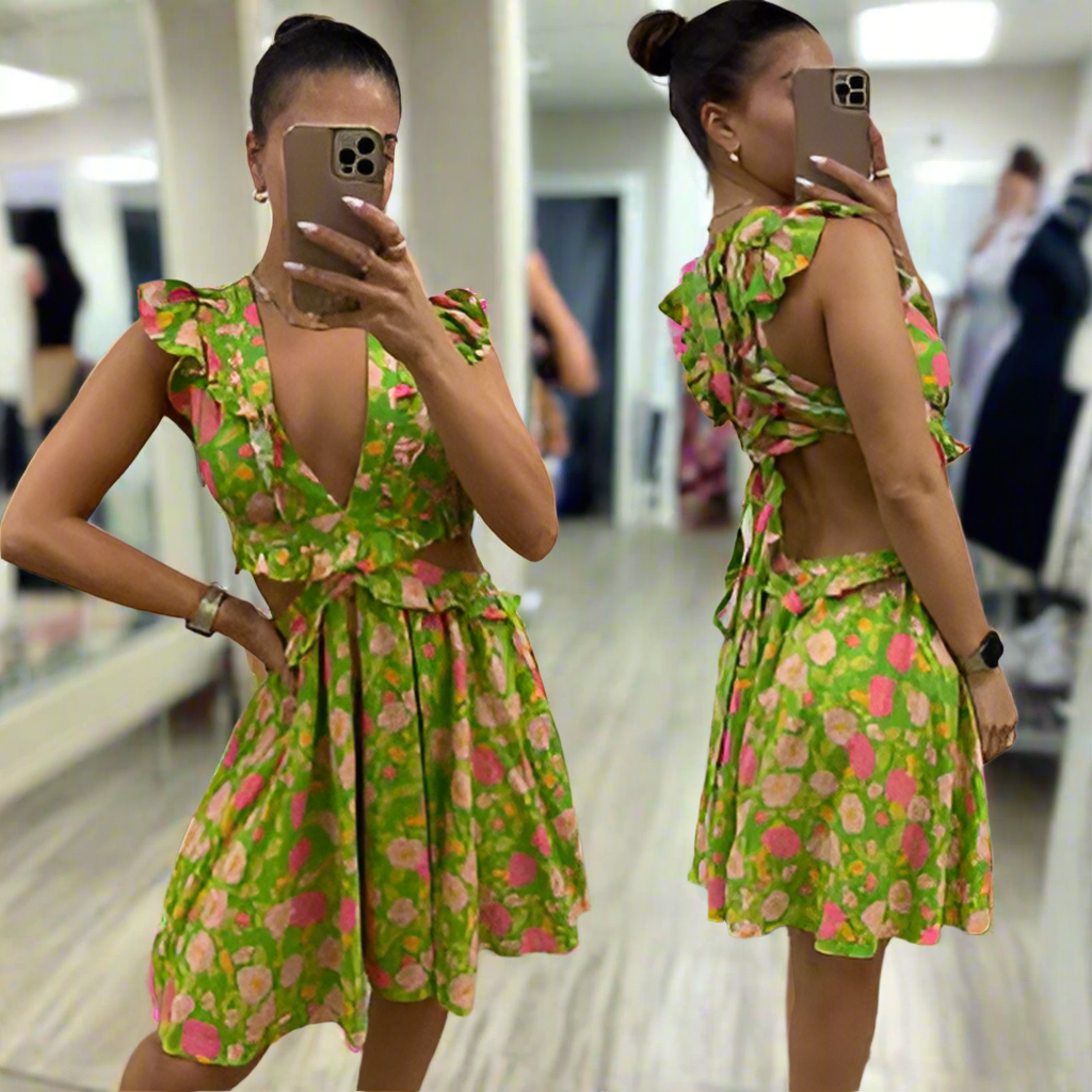 Cutout Mini Dress in Green Floral Print