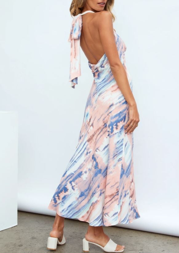 Midi Slip Dress in Blue & Pink Print