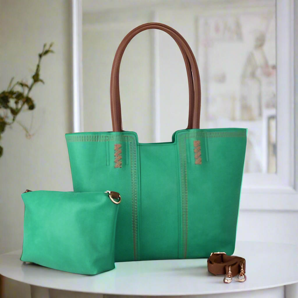 Large H Bag & Cosmetic Purse in Green