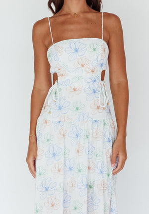Cutout Midi Dress in Floral Print on White