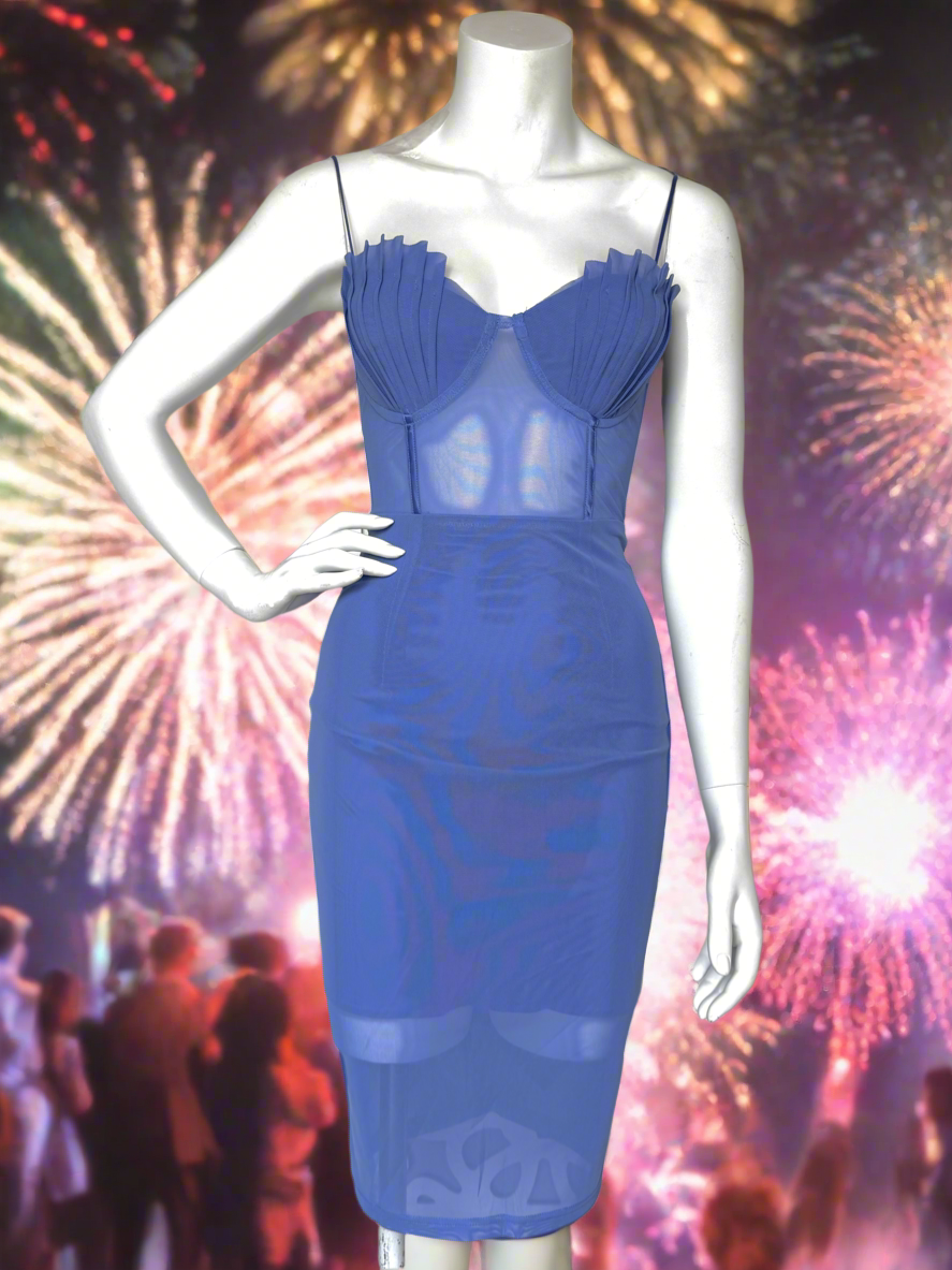 Corset Bodycon Mini Party Dress in Steel Blue Mesh