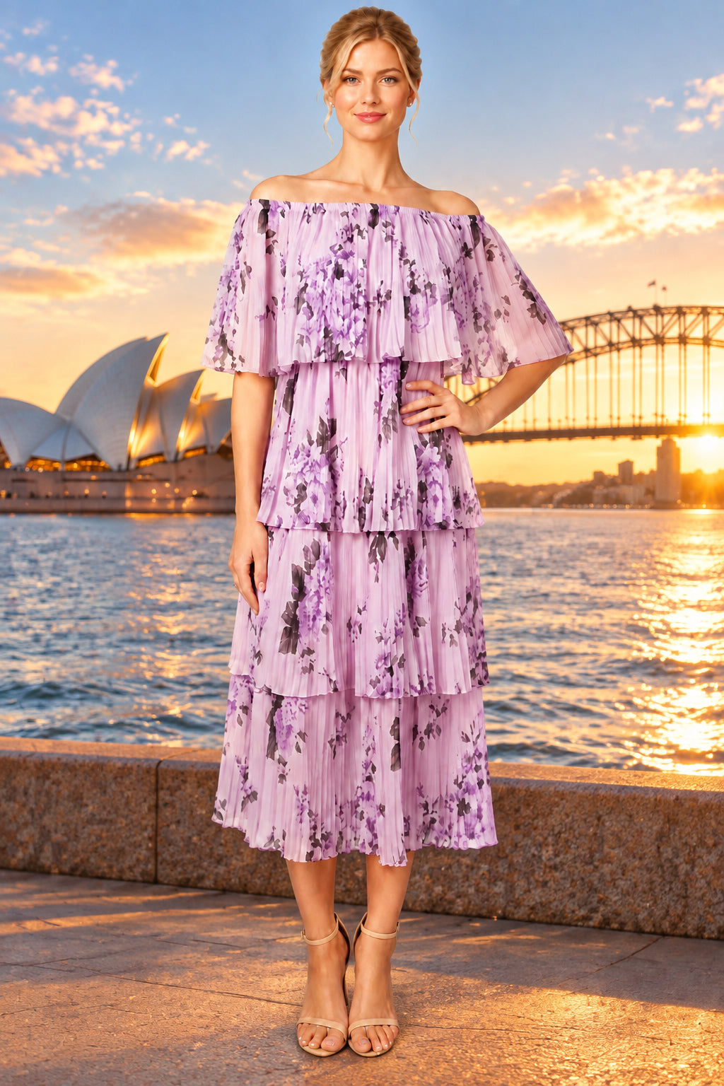Pleated Tiered Midi Cocktail Dress