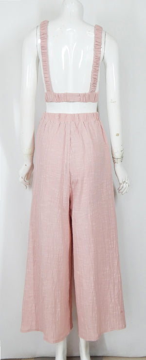 Cotton Linen Palazzo Pant & Bralette Set with Pockets in Pink