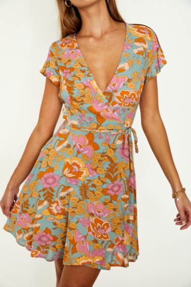 Short Sleeve Wrap Mini Dress in Multi Floral Print