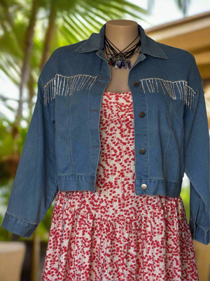 Oversized Cropped Denim Jacket with Diamonte Tassel Feature