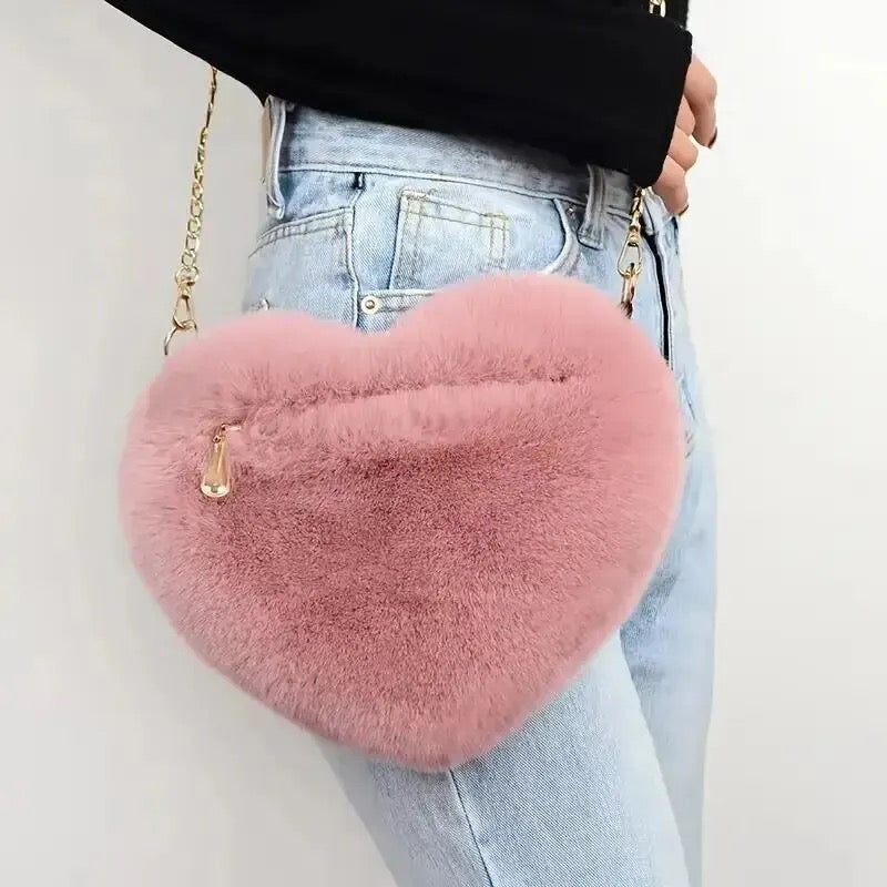 Heart-Shaped Faux Fur Shoulder Bag 