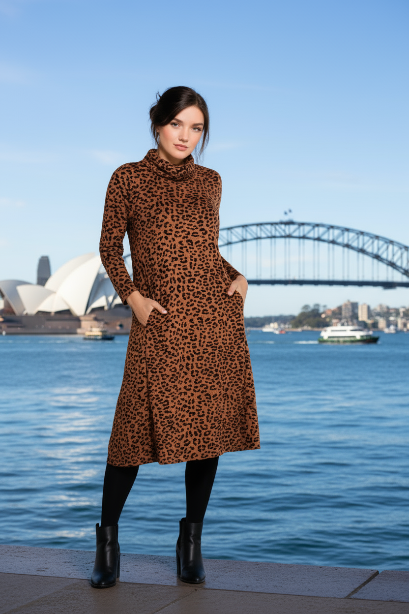 Long Sleeve Turtle Neck Dress in Brown Leopard