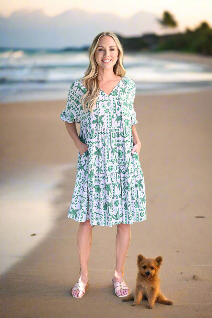 Short Sleeve Baby Doll Dress in Green Palm Print