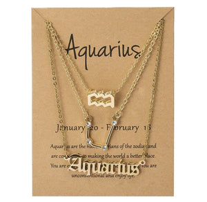 Aquarius Zodiac Necklace Triple Set Gold 