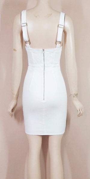 Cute Stretch Denim Overall Mini Dress in White