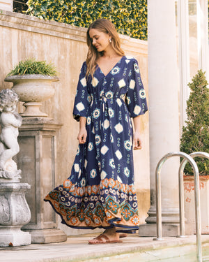 Long Sleeve Gypsy Maxi Dress in Navy Print