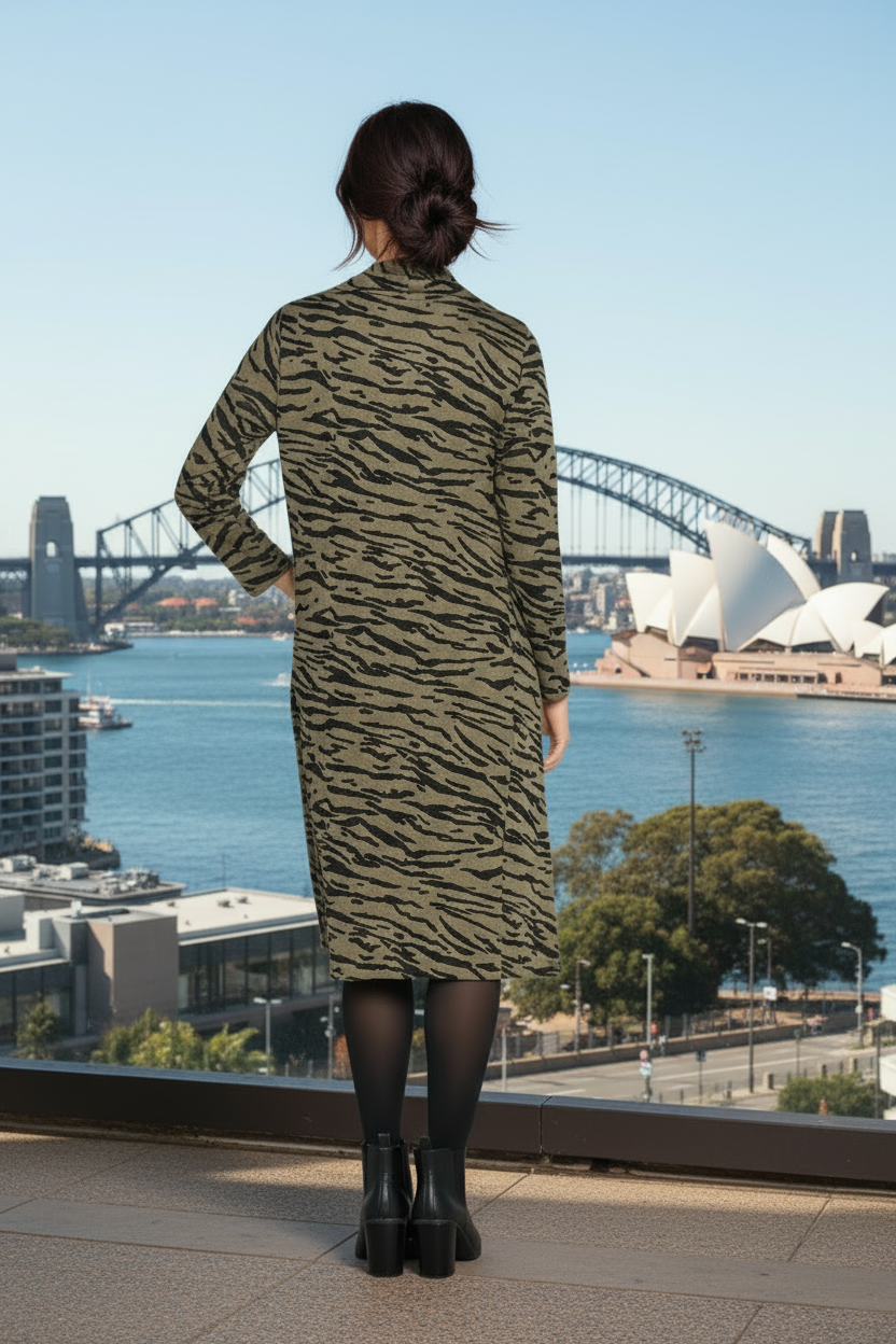 Long Sleeve Turtle Neck Midi Dress in Green Zebra