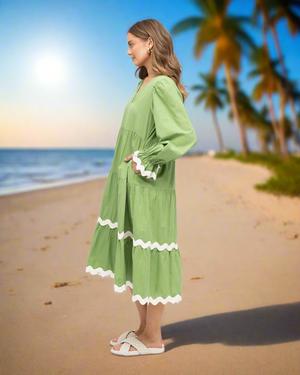 Long Sleeve 100% Cotton Maxi Dress in Green