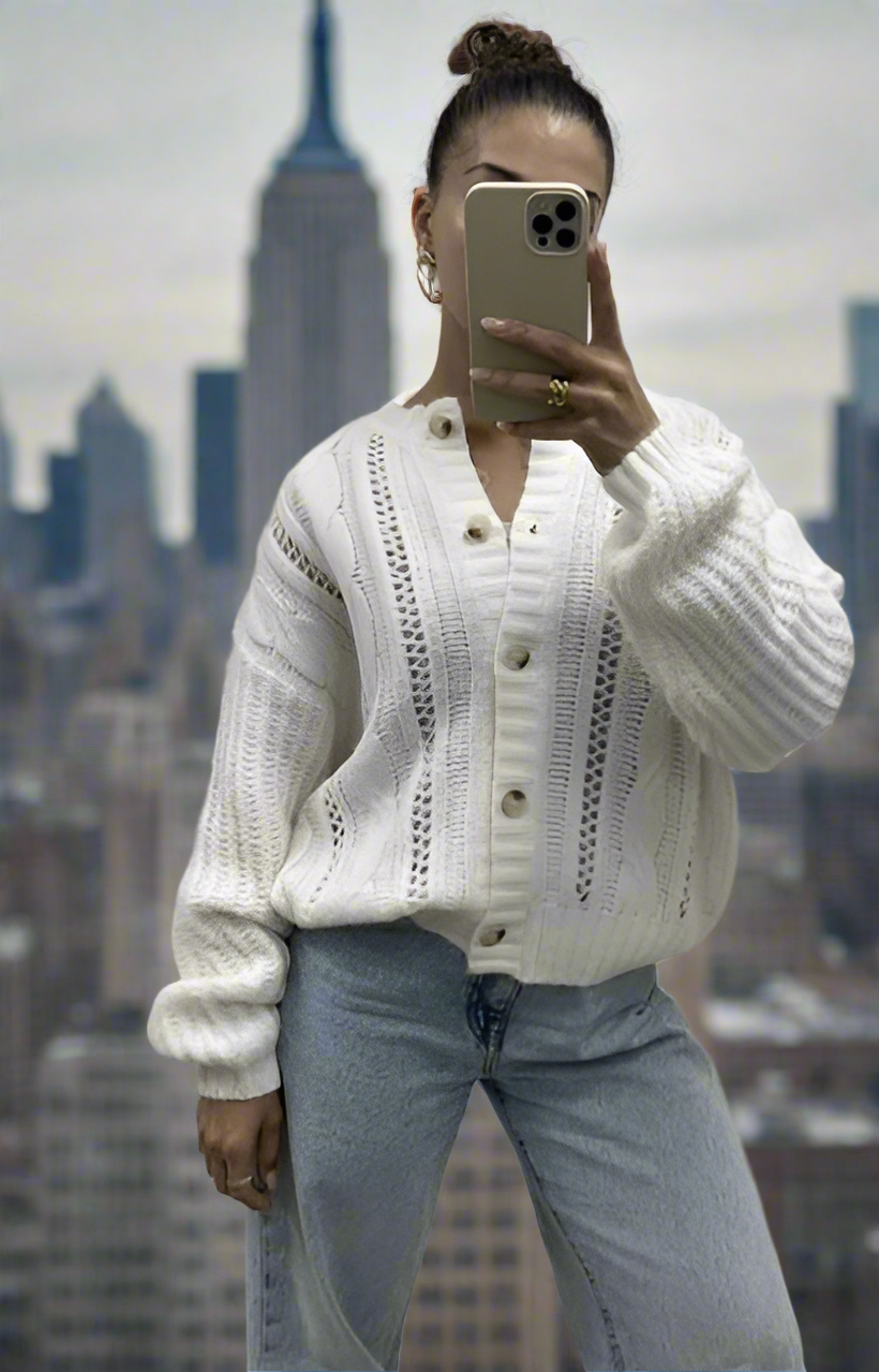 Knit Bomber Style Cardigan in White 