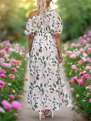 Pink Floral One Off-Shoulder Maxi Formal Dress