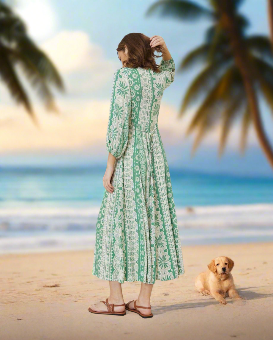 Long Sleeve Button Down Maxi Dress in Green & White Print