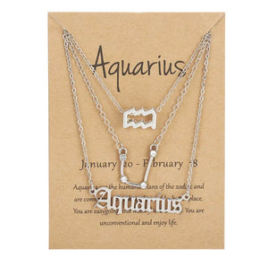 Aquarius Zodiac Necklace Triple Set Silver 