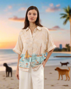 Oversized Button Down Blouse in Horses & Resort Print