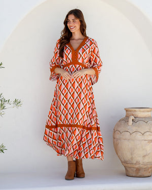 Kimono Sleeve Gypsy Maxi Dress in Geo Orange Print