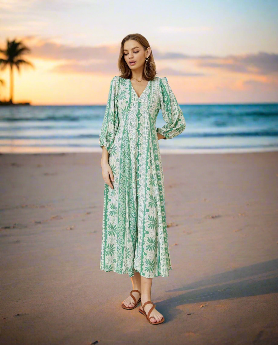 Long Sleeve Button Down Maxi Dress in Green & White Print