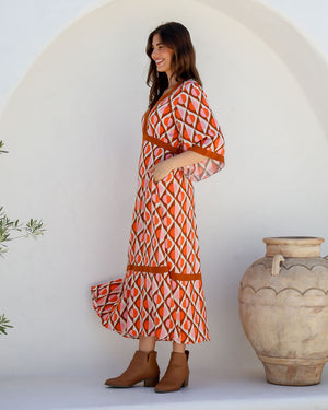 Kimono Sleeve Gypsy Maxi Dress in Geo Orange Print