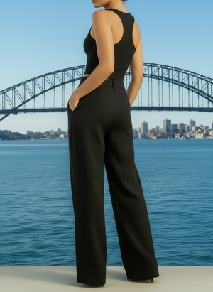 Person wearing a black jumpsuit standing by a waterfront with a bridge and city skyline in the background.