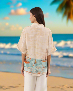 Oversized Button Down Blouse in Horses & Resort Print