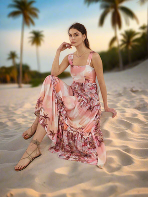 Baby Doll Maxi Dress in Pink Tropical Print