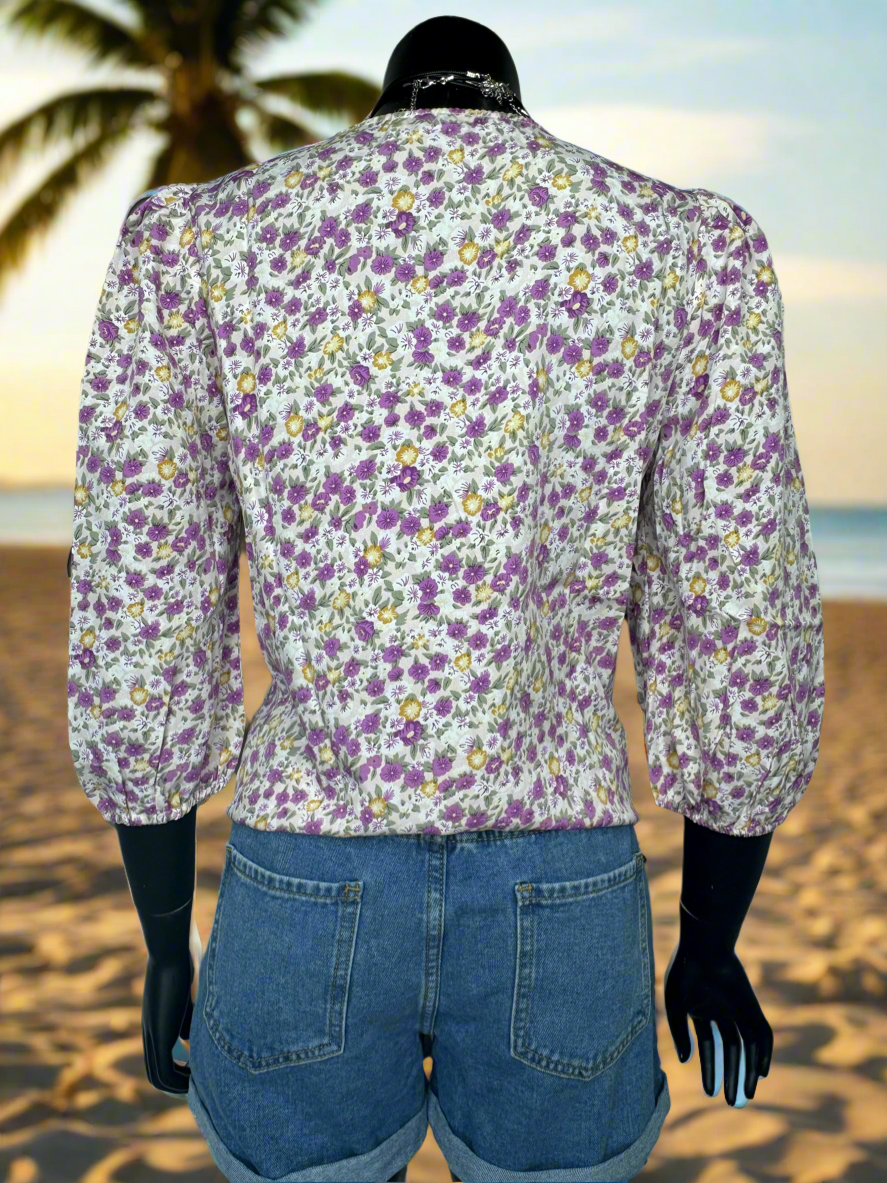 Tie Front Blouse in Lavender Floral Print