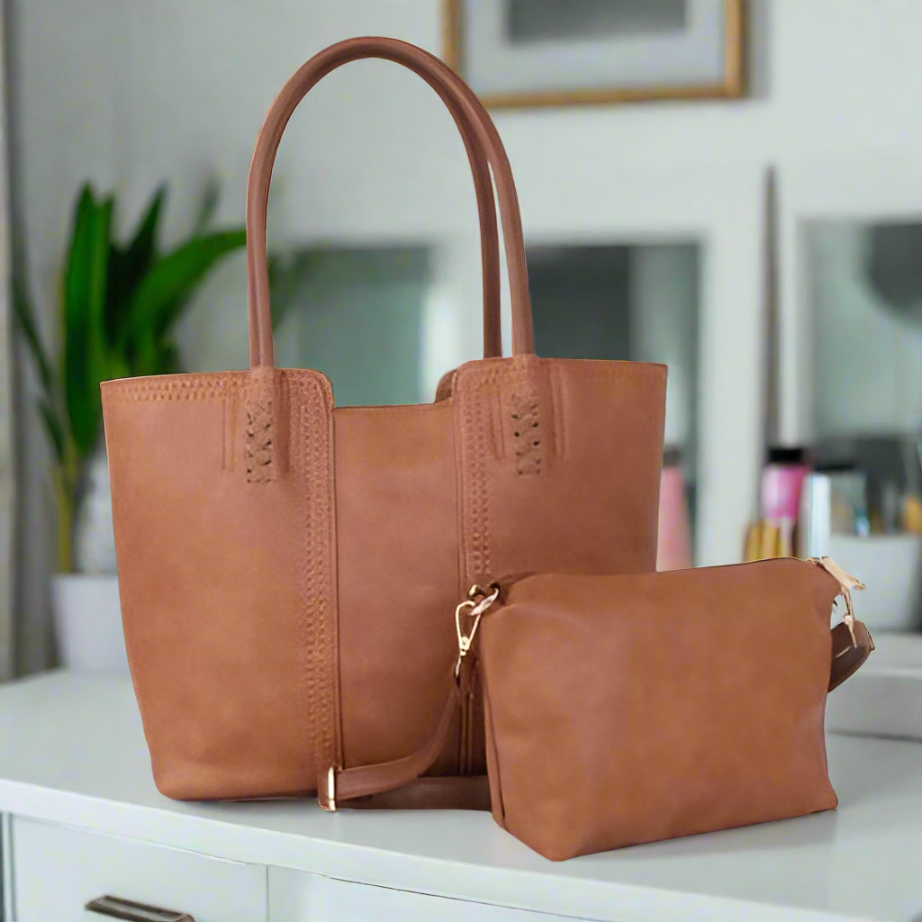 Large H Bag & Cosmetic Purse in Brown