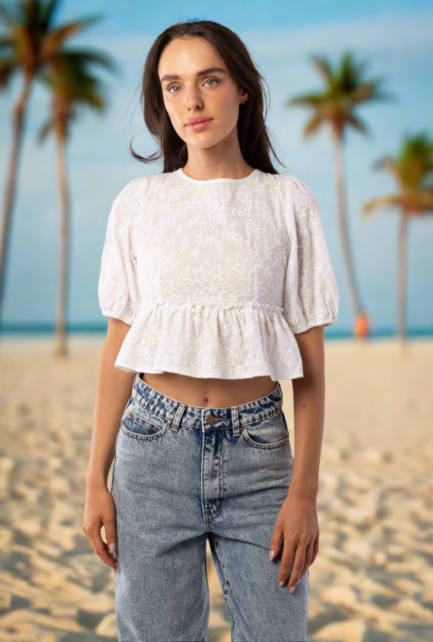 Short Sleeve Baby Doll Crop Top in White
