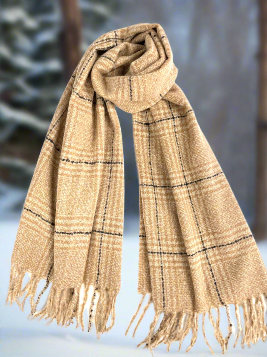 Large Plaid Wool & Cashmere Pashmina in Caramel