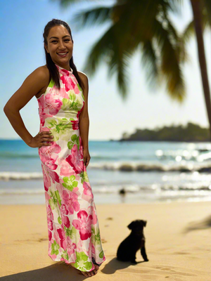 Halter Neck Maxi Cocktail Dress in Pink & Green Floral Print