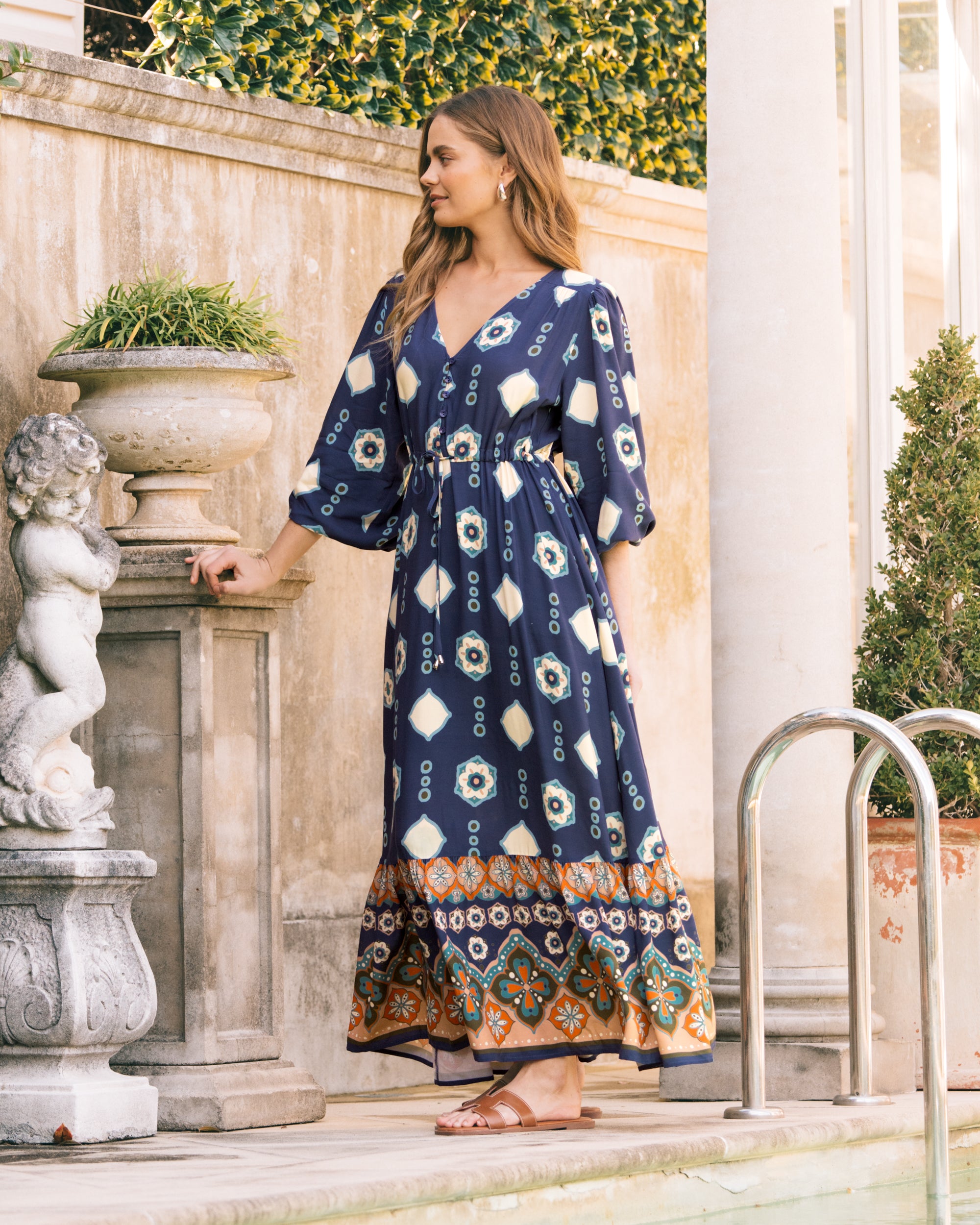 Long Sleeve Gypsy Maxi Dress in Navy Print