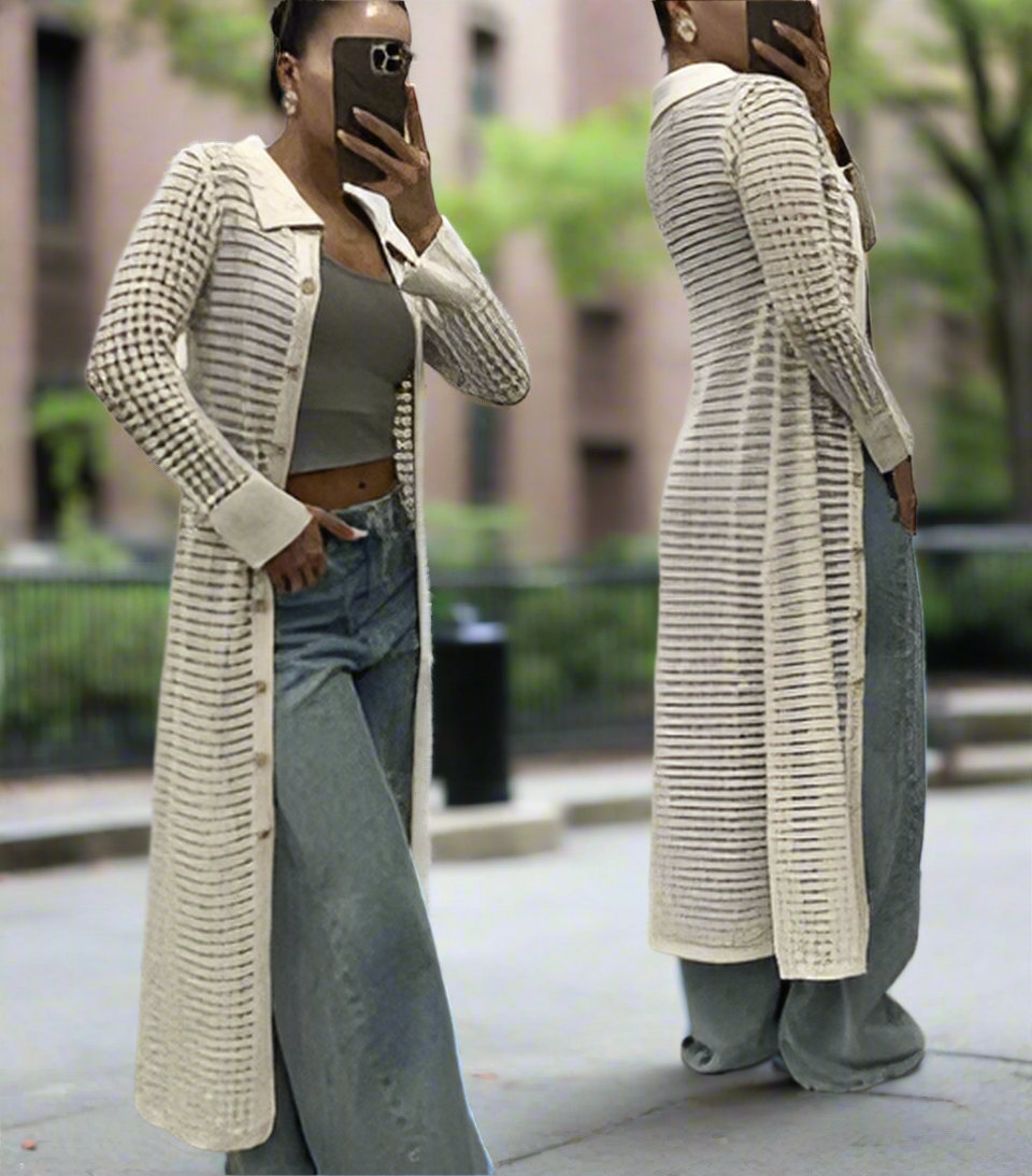 Button Down Long Crochet Knit Maxi Dress or Jacket in Beige